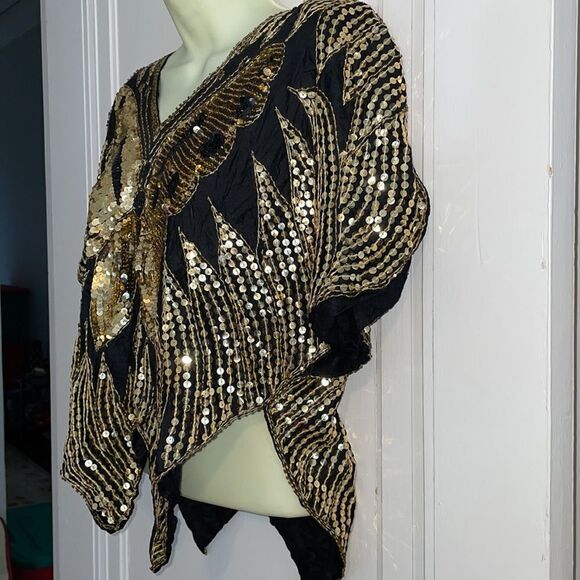 Vtg 70s/80s black silk & gold sequin disco butterfly blouse - Picture 5 of 8